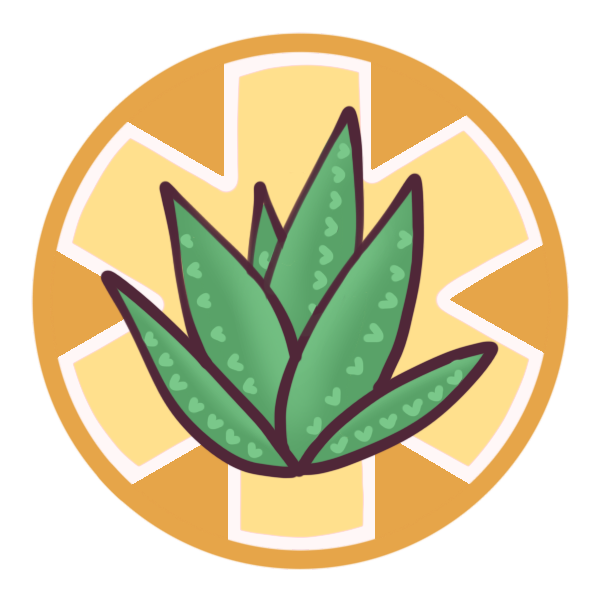 a yellow circle with a large medical alert asterisk inside it, and aloe pictured in the center.